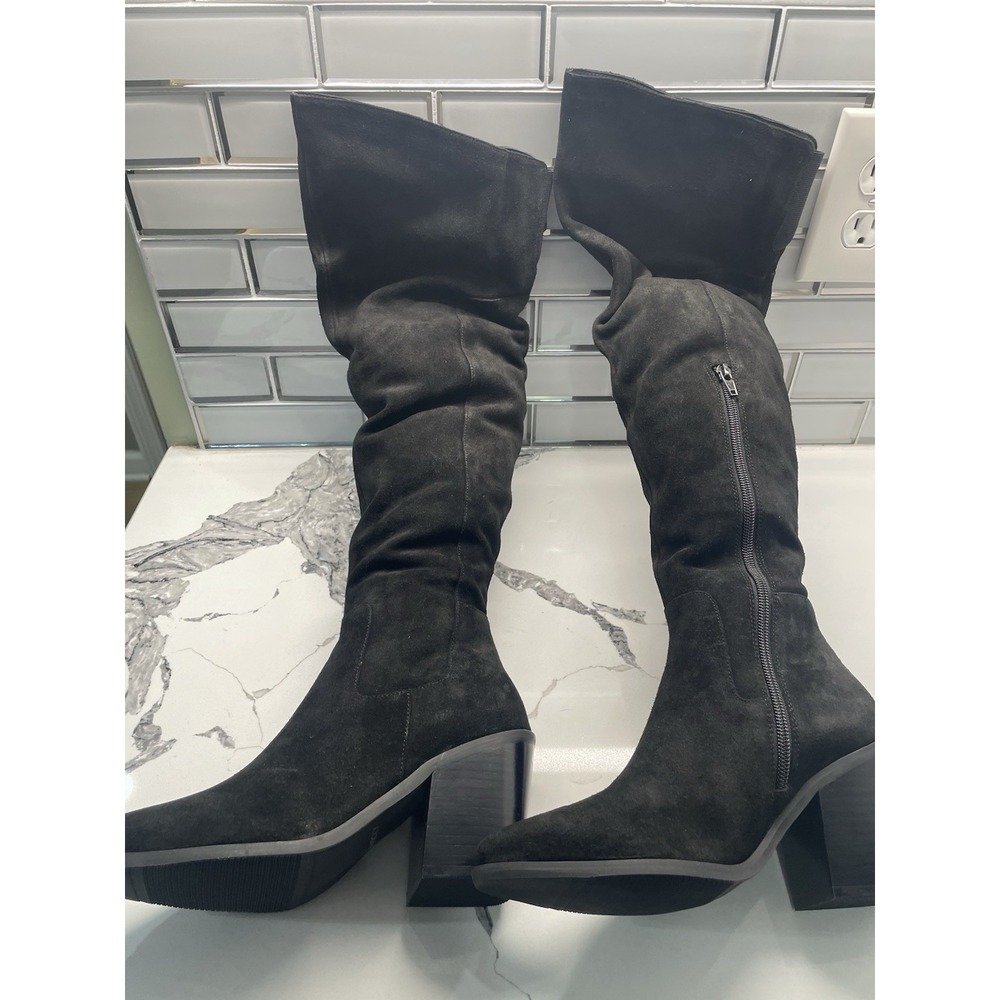 Lisa Vicky Knockout-V Black Split Suede Tall Platform Heel Boots Size 6 NIB